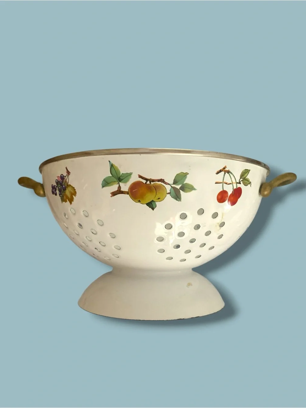 Vintage White Enamel stand Alone Colander with Brass Handles